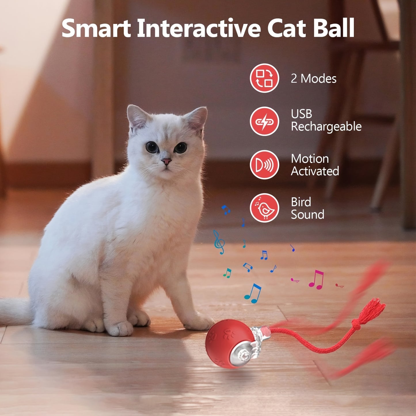 Cat Toys For Indoor Cats, Interactive Cat Toy, USB Rechargeable, Fast Rolling Dog Ball Toy On Rug, Bird Chirping & Motion Activated Cat Ball, Anti-Depression Pet Toy Fun Gift With Light