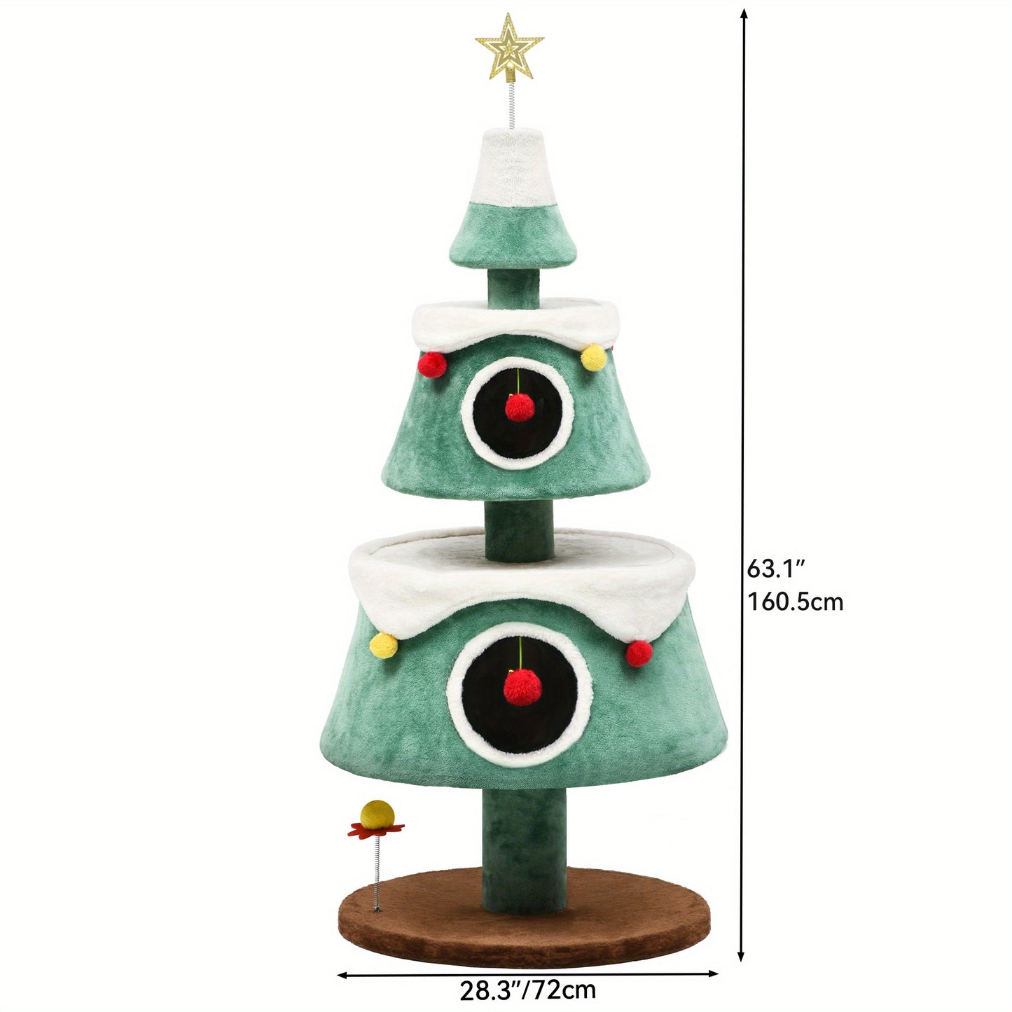 2-Tier Christmas Cat Tree with Plush Ball & Star - Festive Green & White Design, Cat House & Toy for Indoor Cats, Perfect for Holiday Decor, Indoor Cat Furniture | Festive Cat Tree | Star-Topped Tree, Cat Toys