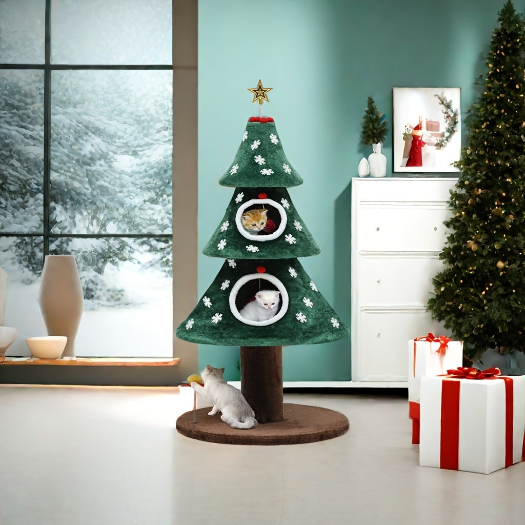 2-Tier Christmas Cat Tree with Plush Ball & Star - Festive Green & White Design, Cat House & Toy for Indoor Cats, Perfect for Holiday Decor, Indoor Cat Furniture | Festive Cat Tree | Star-Topped Tree, Cat Toys