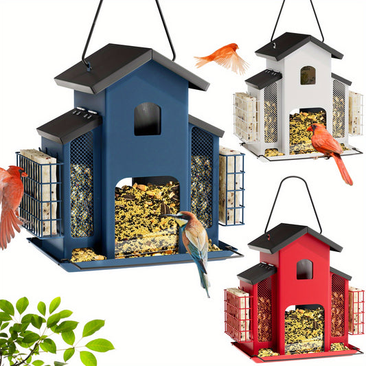 Metal Bird Feeder With 3 Mesh Side Cages - Large Capacity Outdoor Hanging Feeder For Finches, Cardinals, Chickadees - Durable Garden Bird Food Dispenser Attracting Small Birds, Classic Design | Weatherresistant Material, Bird