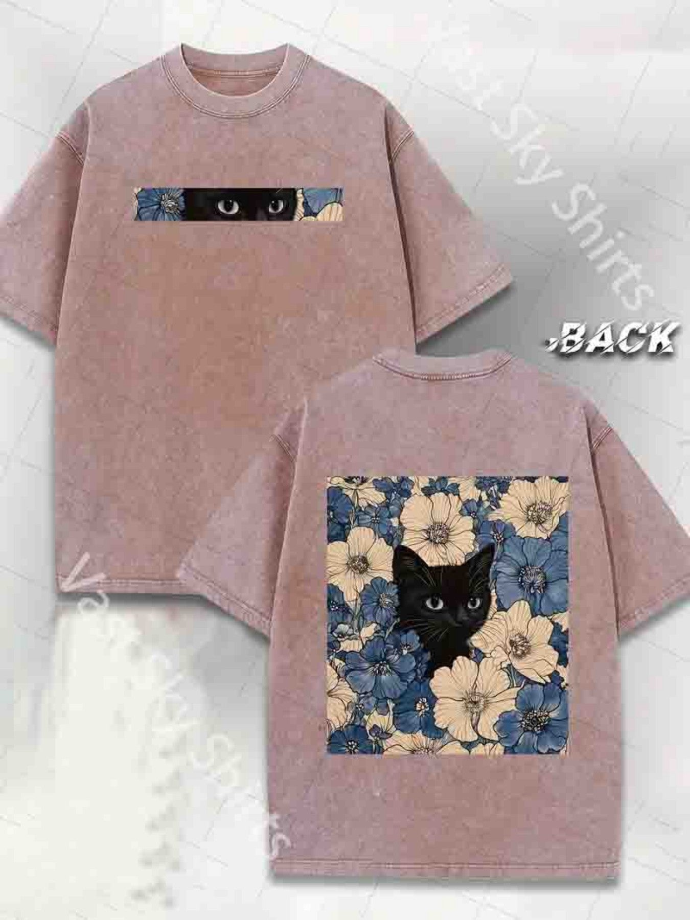 Men'S Casual Street Style T-Shirt, 230G Double-Sided Washed Fabric, Black Cat & Floral Print, Round Neck, Regular Fit, Short Sleeve, All-Season Outdoor Tee, Classic Gift for Hiking & Daily Wear, Hiking Apparel | Street Style