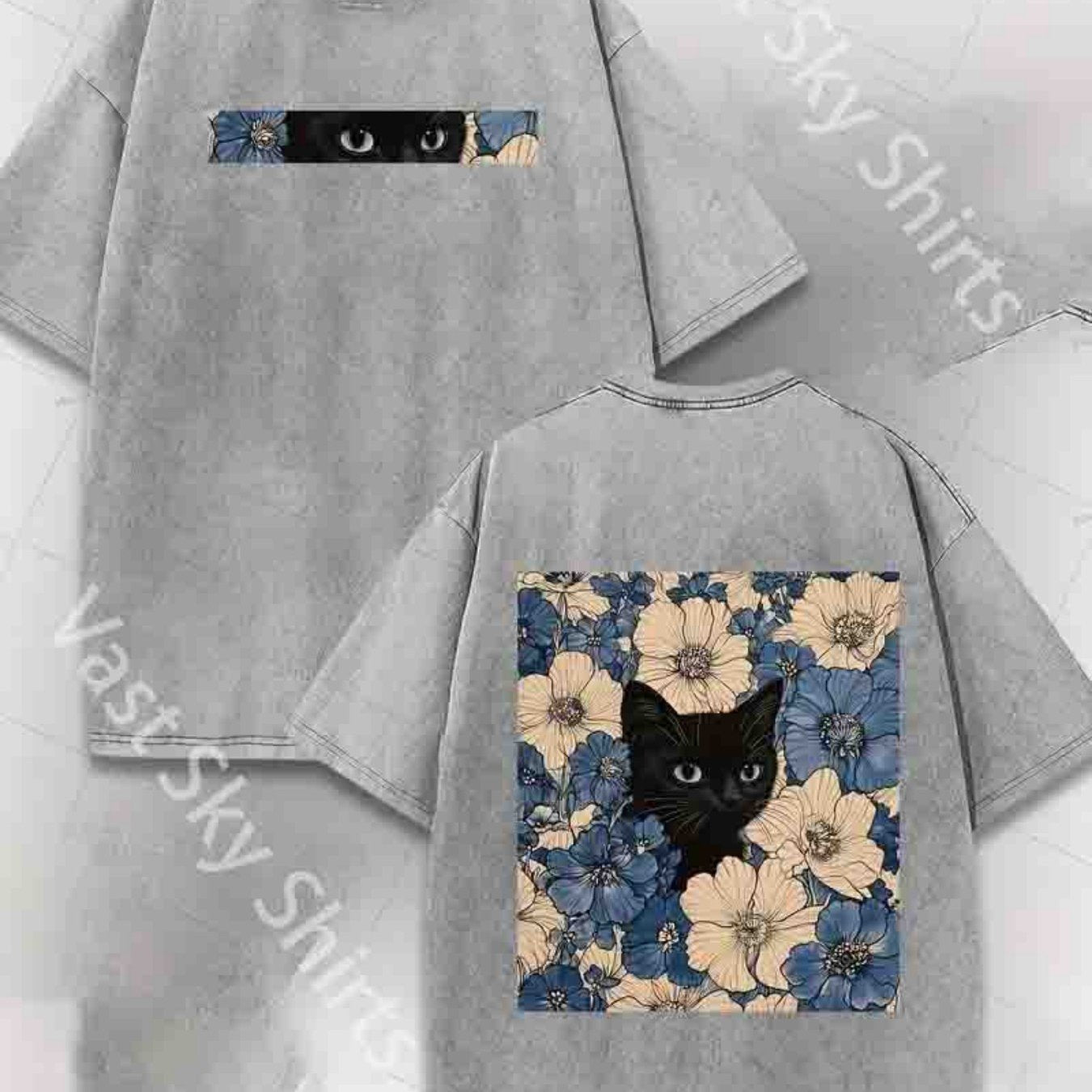 Men'S Casual Street Style T-Shirt, 230G Double-Sided Washed Fabric, Black Cat & Floral Print, Round Neck, Regular Fit, Short Sleeve, All-Season Outdoor Tee, Classic Gift for Hiking & Daily Wear, Hiking Apparel | Street Style
