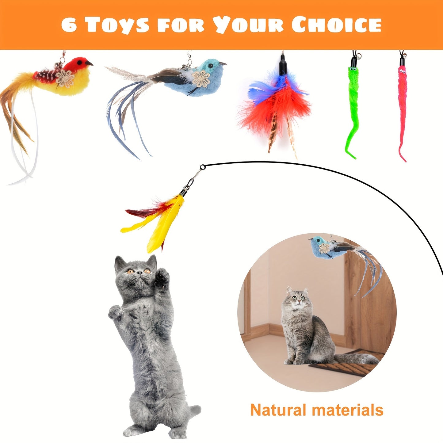 Cat Feather Toys, 10PCS Cat Toys with Super Suction Cup, Detachable 2PCS Cat Wand Toys & 6PCS Replacement Teaser Refills with Bell, Interactive Cat Toy for Indoor Cats Kitten Play Exercise