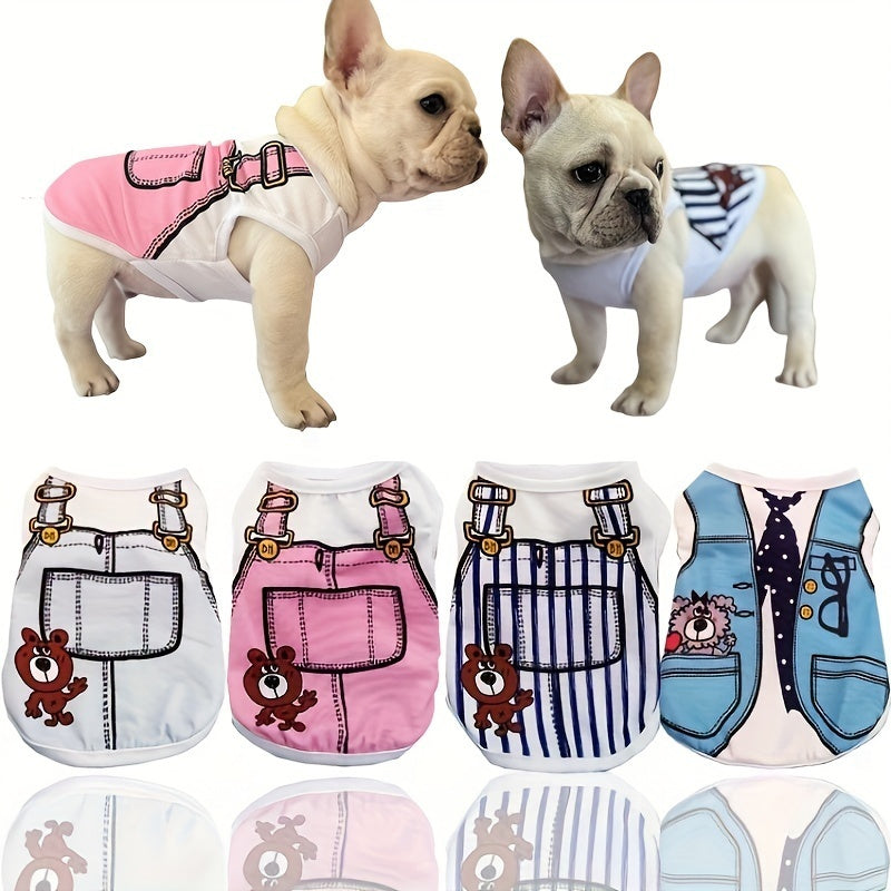 Soft Polyester Cartoon-Themed Dog T-Shirts - Adorable Short Sleeve Vest Tops with Bow & Accessory Details - Easy Pullover Style, Non-Washable, Fits Teddy, Pomeranian & More Small Breeds for Spring/Summer