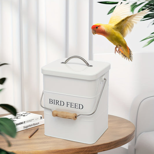 Bird Seed Storage Tin with Lid White Metal Bird Food Storage Container Tight Fitting Lids - Bird Seed Container Vintage Farmhouse Style, Sealed Pet Food Storage Bucket