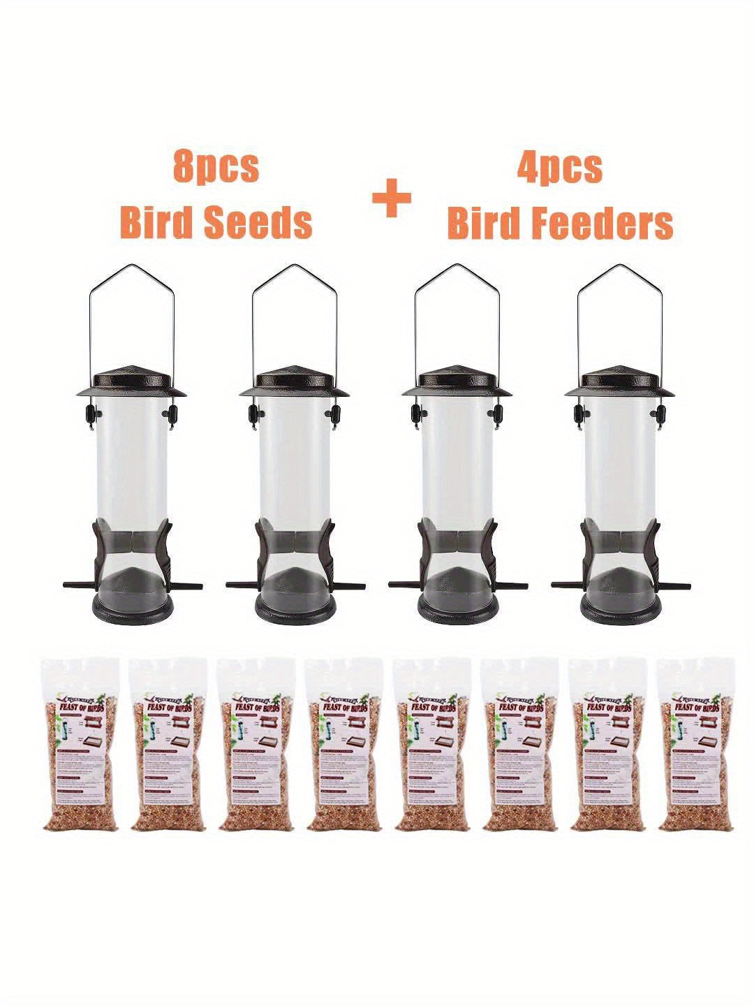 8-Bag Bird Food & 4 Feeder Set: 4 Outdoor Hanging Tube Bird Feeders + 8 Bags Of High-Nutrition Mixed Bird Food, Ready to Use Right Out Of The Box, No Need to Buy Extra Bird Food, Perfect Holiday Gift, Birds' Favorite!