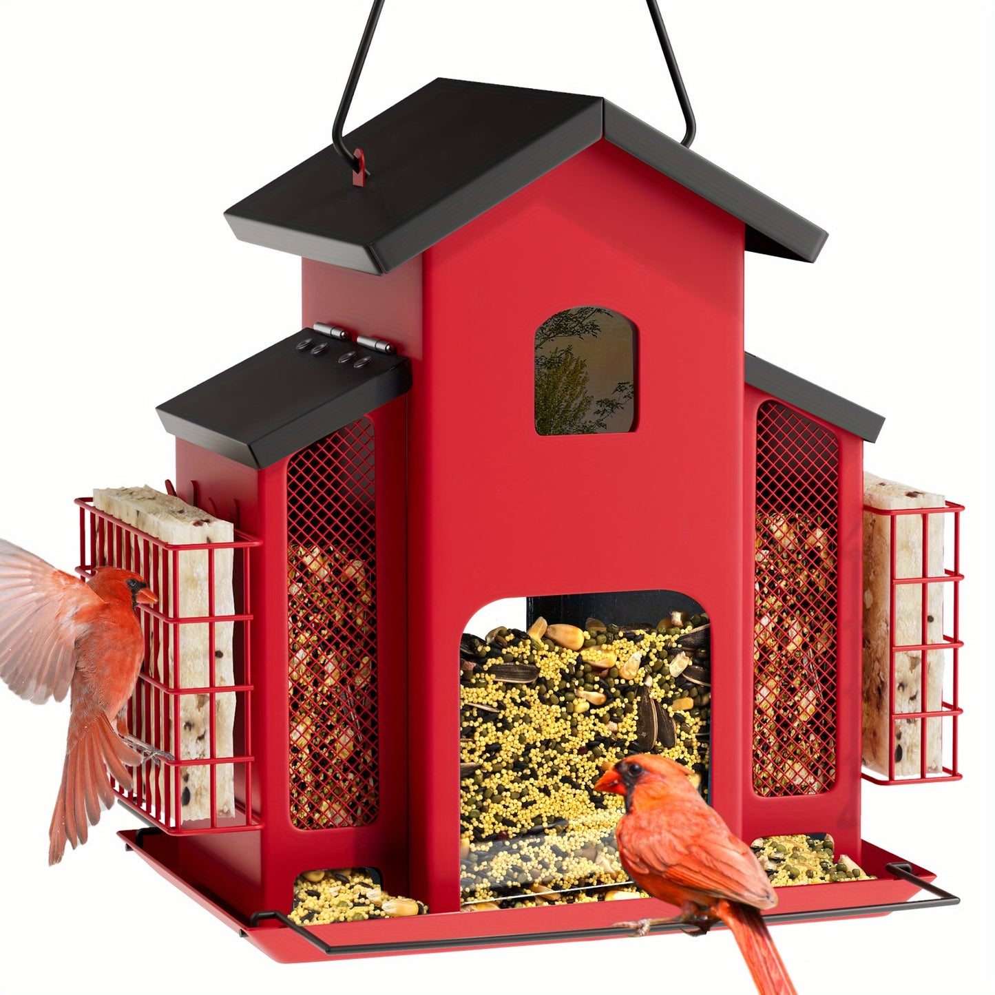 Metal Bird Feeder With 3 Mesh Side Cages - Large Capacity Outdoor Hanging Feeder For Finches, Cardinals, Chickadees - Durable Garden Bird Food Dispenser Attracting Small Birds, Classic Design | Weatherresistant Material, Bird