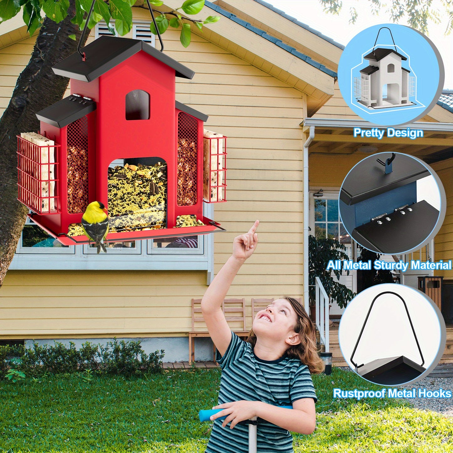 Metal Bird Feeder With 3 Mesh Side Cages - Large Capacity Outdoor Hanging Feeder For Finches, Cardinals, Chickadees - Durable Garden Bird Food Dispenser Attracting Small Birds, Classic Design | Weatherresistant Material, Bird