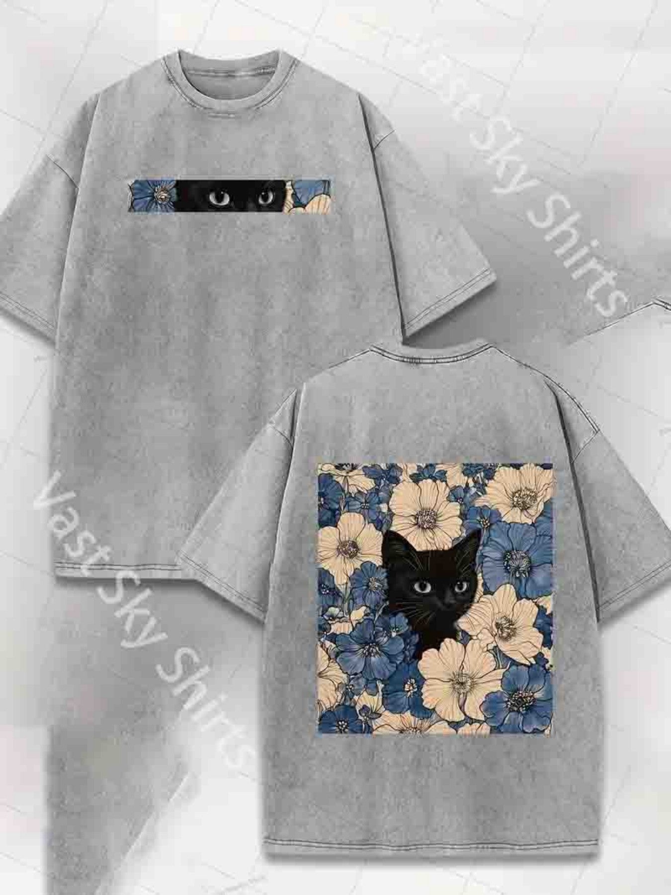 Men'S Casual Street Style T-Shirt, 230G Double-Sided Washed Fabric, Black Cat & Floral Print, Round Neck, Regular Fit, Short Sleeve, All-Season Outdoor Tee, Classic Gift for Hiking & Daily Wear, Hiking Apparel | Street Style