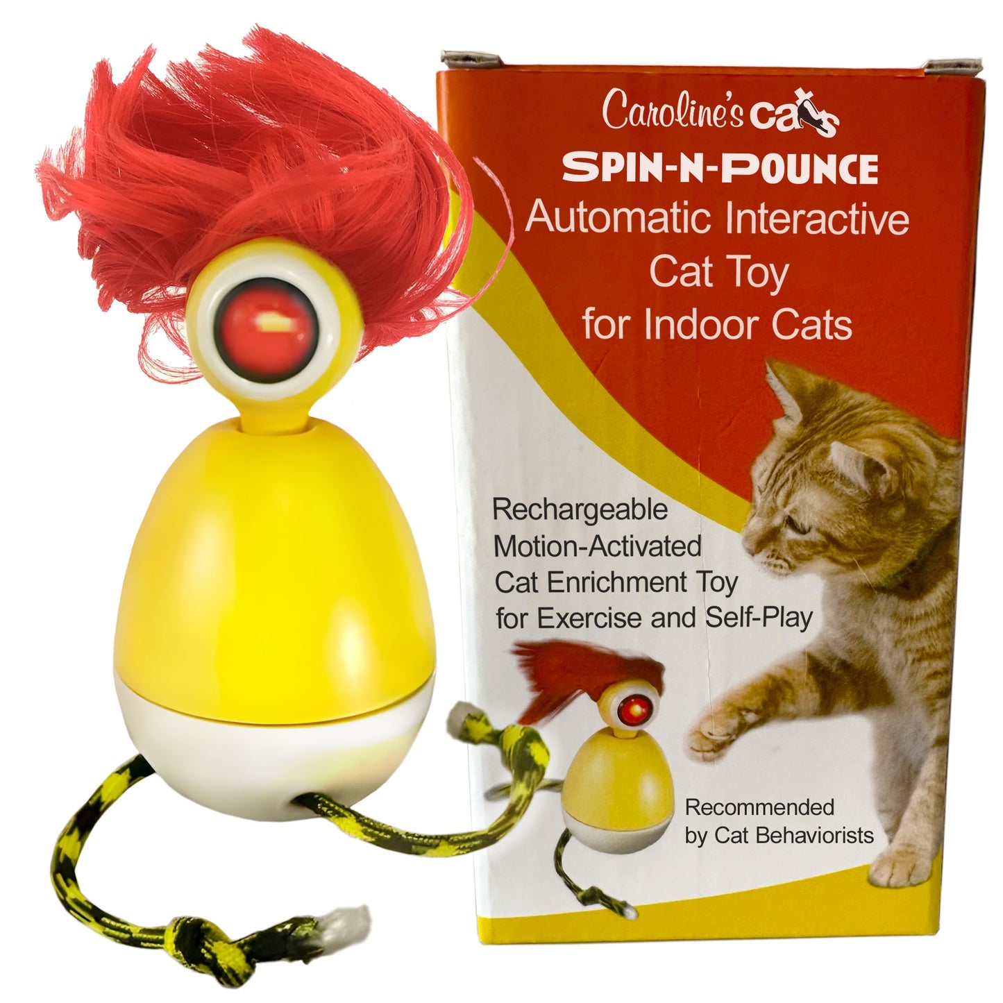 Caroline's Cats Spin-N-Pounce Rechargeable Automatic Interactive Indoor Dancing Cat Toy; Touch Sensor & Auto Shut Off, 360° Rotation, Silent Motor, LED Light, Simulates Prey for Hunting & Exercise