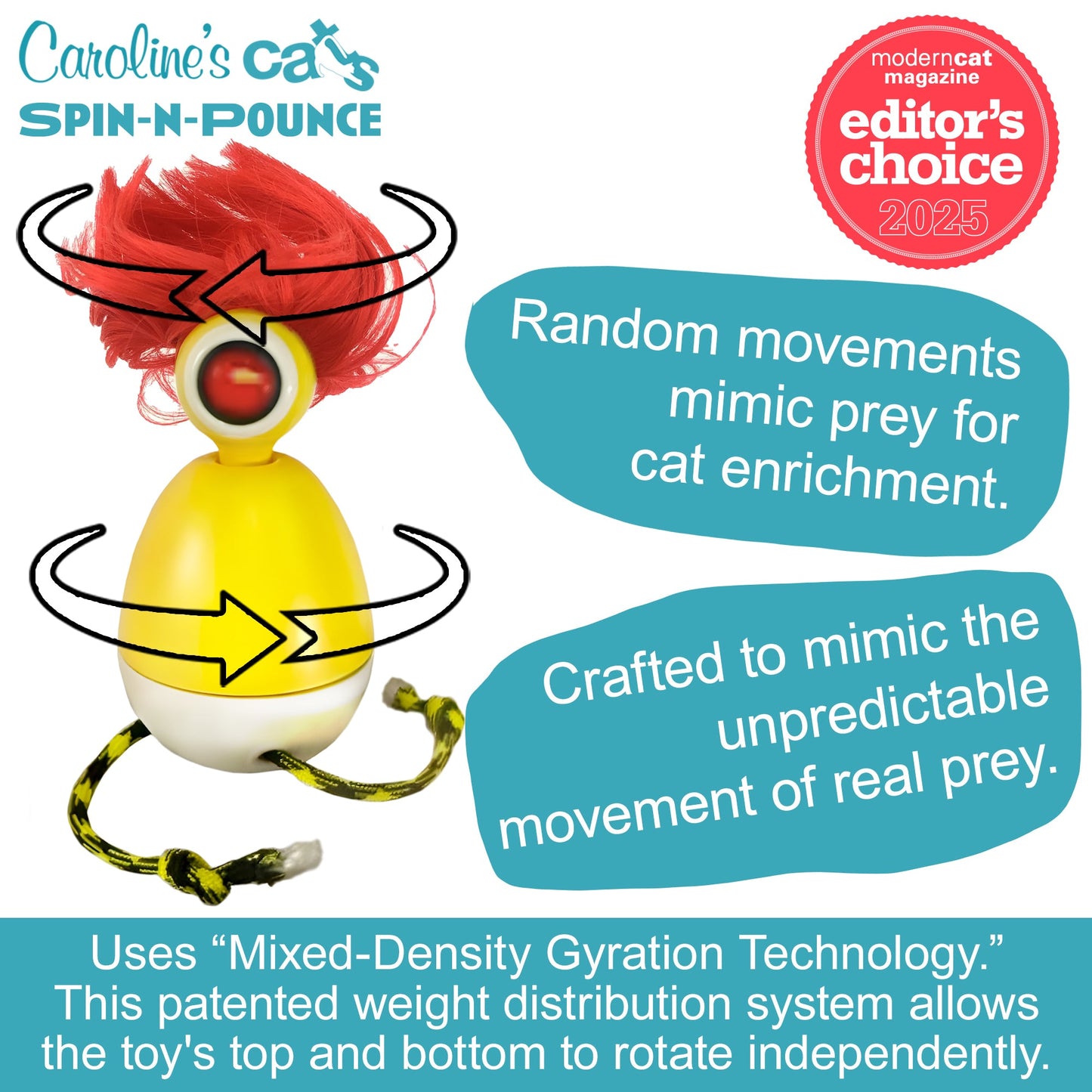 Caroline's Cats Spin-N-Pounce Rechargeable Automatic Interactive Indoor Dancing Cat Toy; Touch Sensor & Auto Shut Off, 360° Rotation, Silent Motor, LED Light, Simulates Prey for Hunting & Exercise