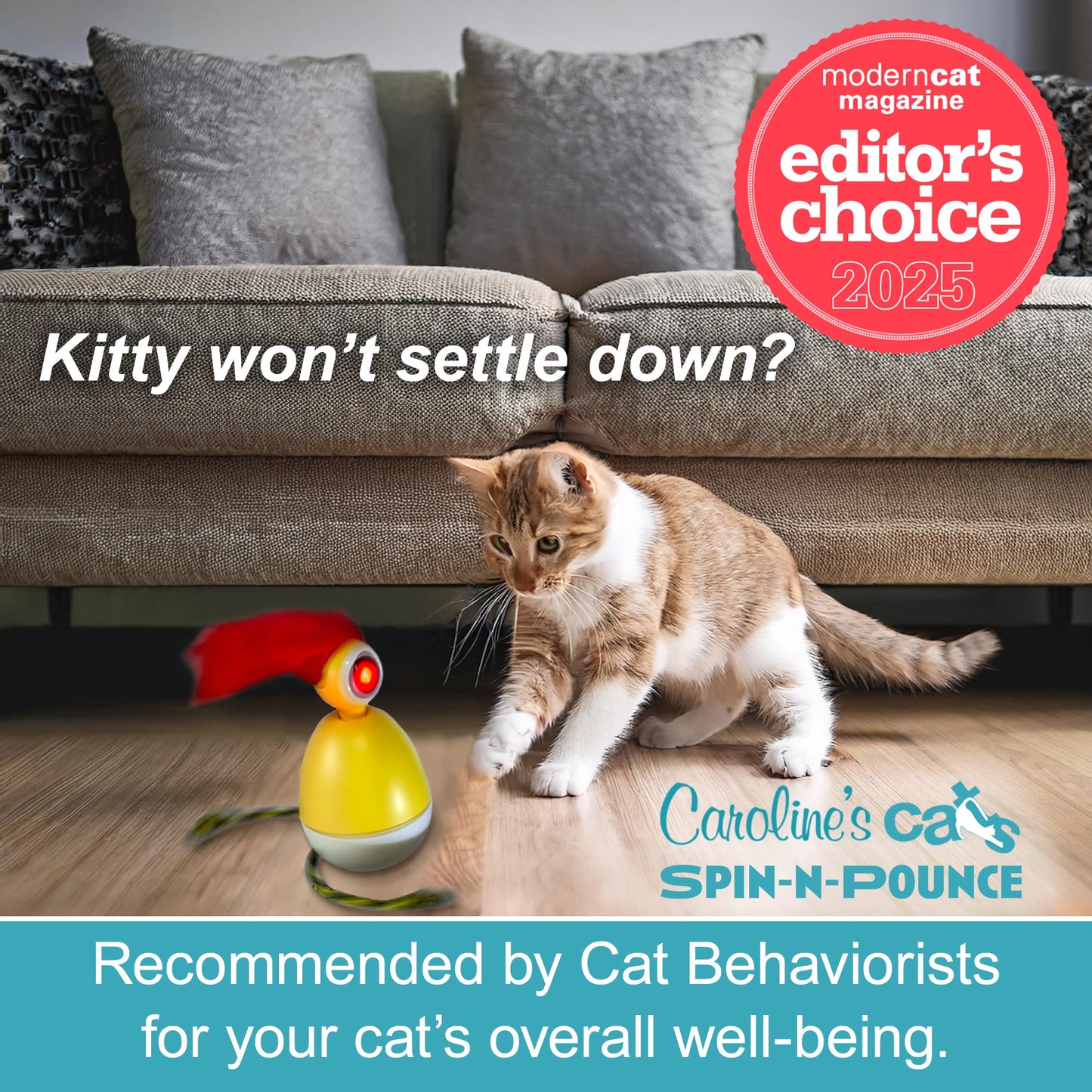 Caroline's Cats Spin-N-Pounce Rechargeable Automatic Interactive Indoor Dancing Cat Toy; Touch Sensor & Auto Shut Off, 360° Rotation, Silent Motor, LED Light, Simulates Prey for Hunting & Exercise