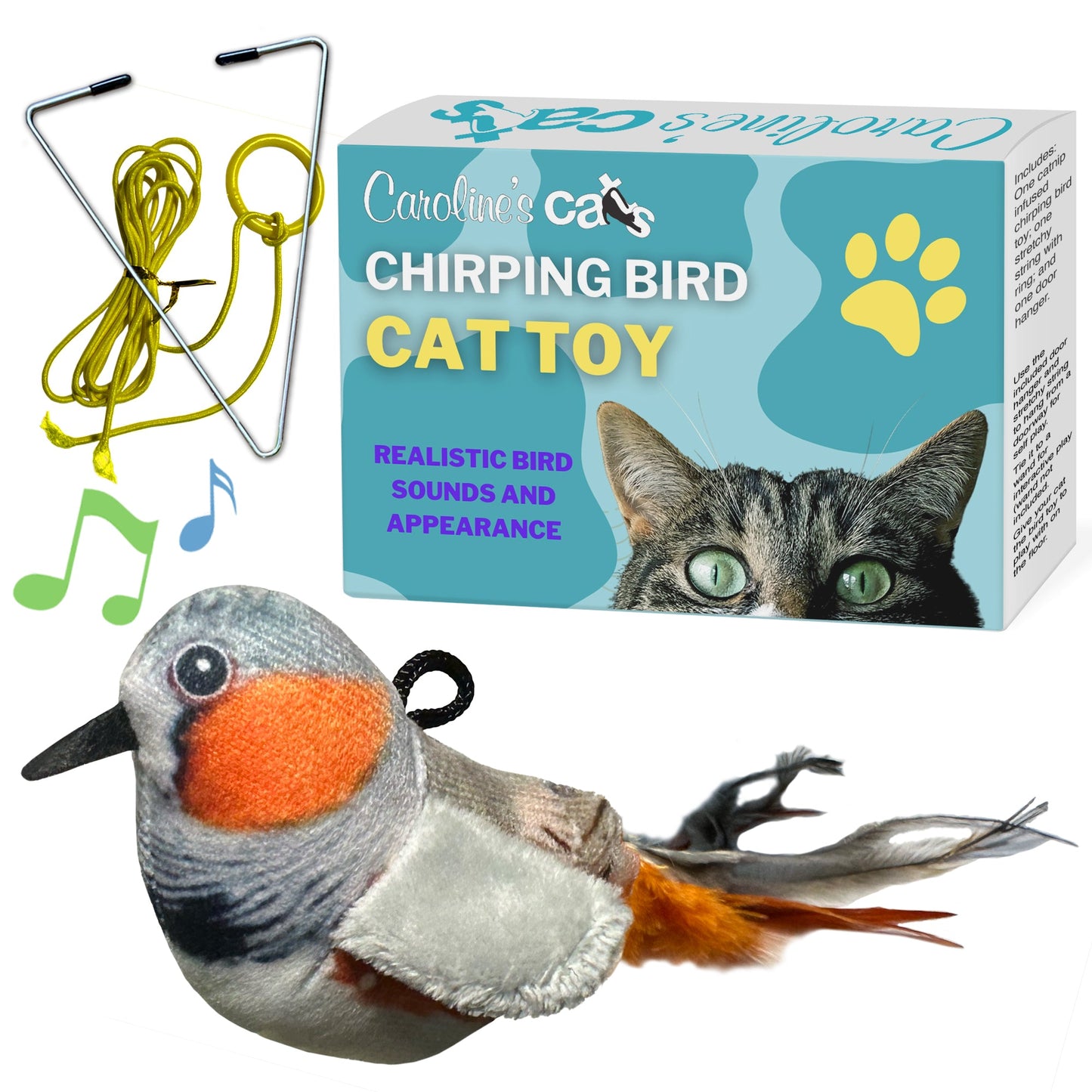 Caroline's Cats Plush Chirping Bird Cat Toy on Elastic String with Doorway Hanger - No Flimsy Suction Cups; Real Electronic Avian Sounds